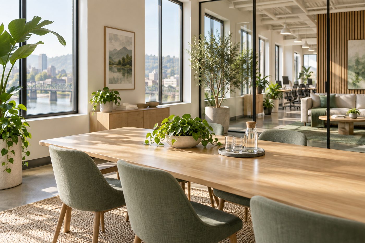 Bright workspace with plants and a sunlit window
